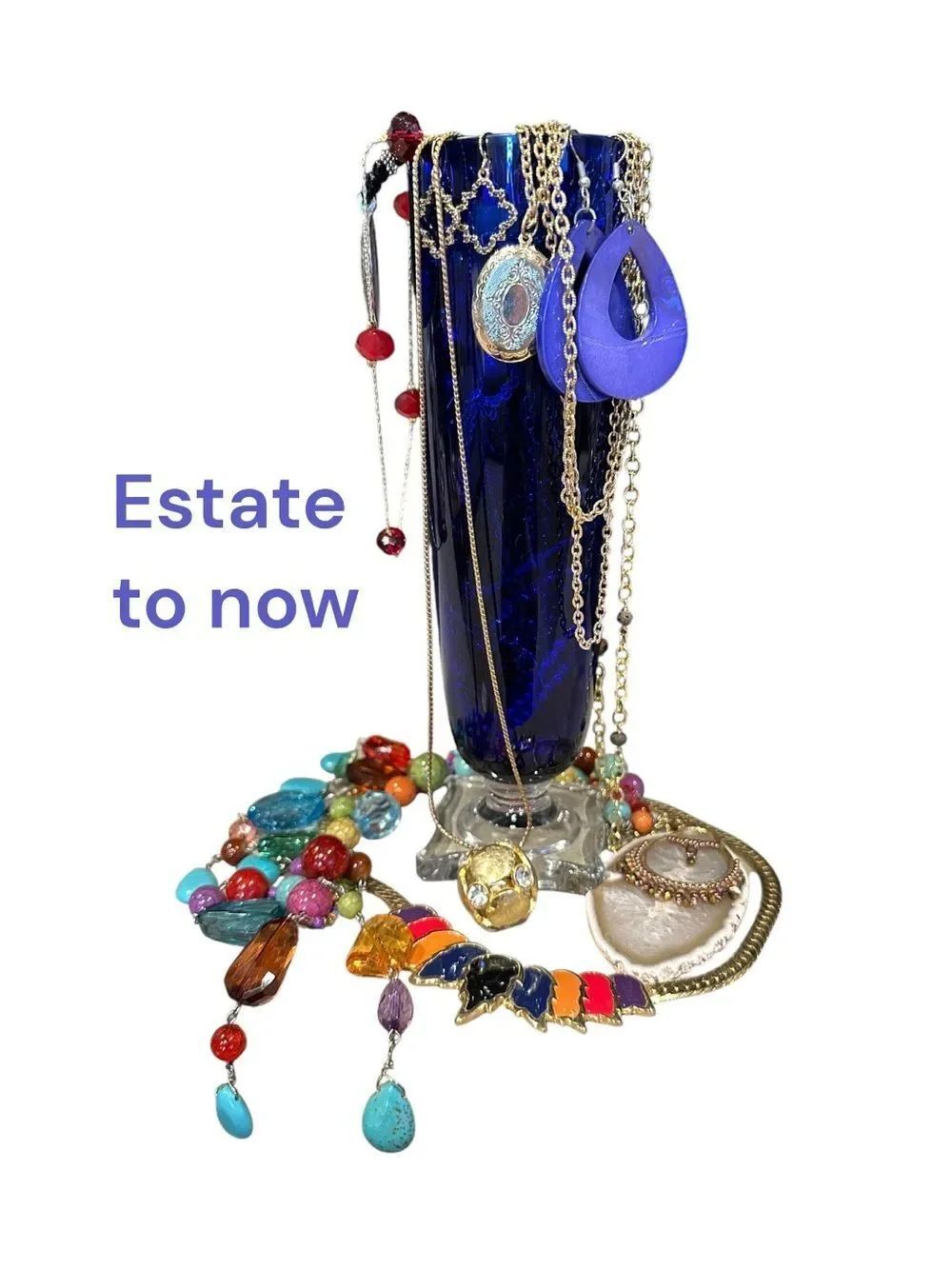Estate to now Mixed Color Vintage Jewelry Lot with Cobalt Blue Vase Display full